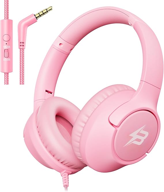 Wired Headphones for Kids for School, 3.5mm Cord Safe Volume Limit, Pink