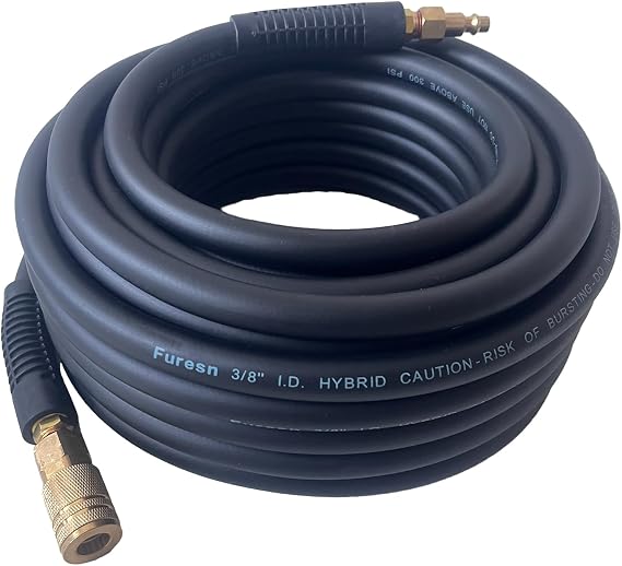 Air Hose 3/8 in x 100 ft, Heavy Duty, Lightweight, Kink Resistant, Hybrid Air Compressor Hose with 1/4 in Solid Brass Male Fittings, Bend Restrictors, 300 PSI (100FT, Black)