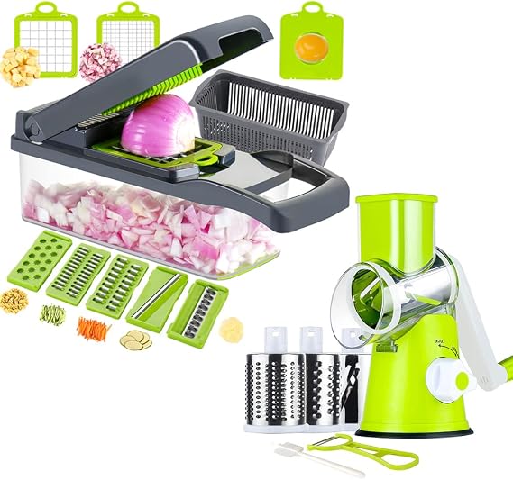 Ourokhome Rotary Cheese Grater with 3 Stainless Steel Drum Blades and 12 in 1 Professional Mandolin Slicer for Kitchen with 1.7 L Vegetable Container