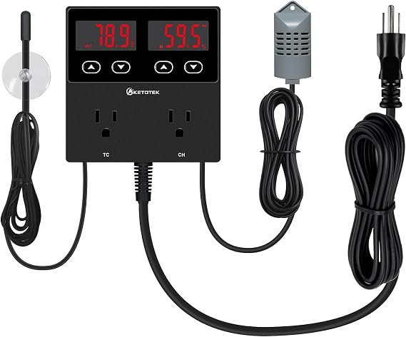 KETOTEK Digital Temperature and Humidity Controller Outlet, Reptile Thermostat Plug Dual Stage Pre-Wired for Mushroom Greenhouse Homebrew