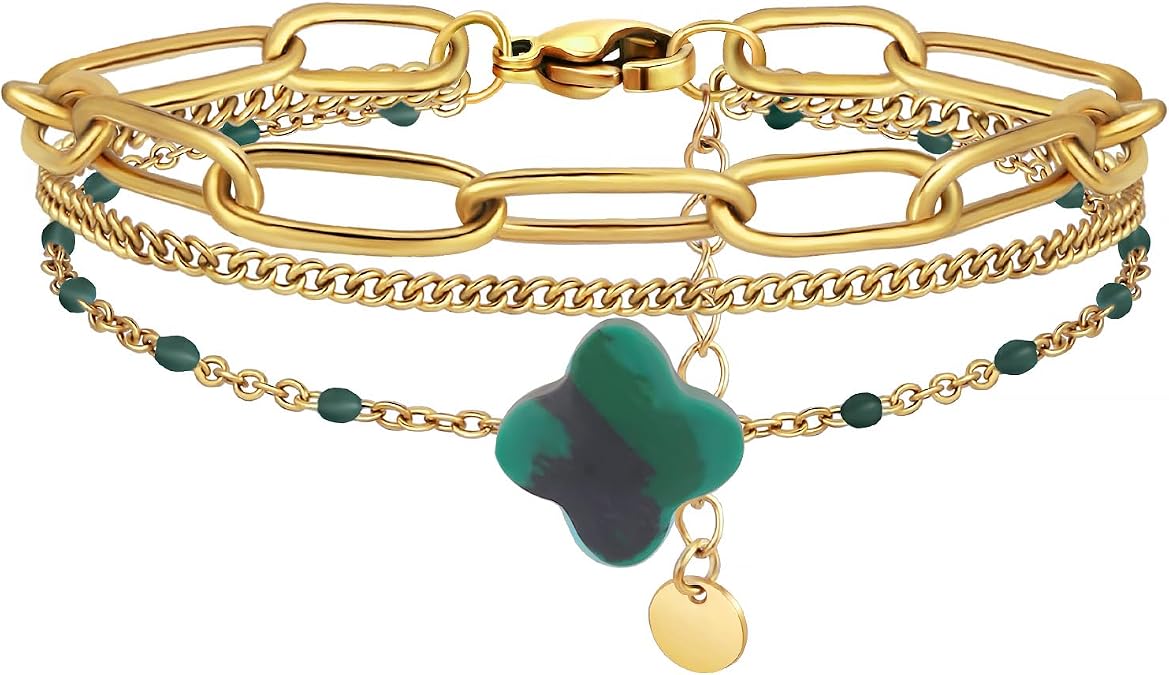 Dainty Four Leaf Clover Bracelet for Women 18K Gold Plated Stainless Steel Lucky Clover Link Bracelets Wrist Jewelry for Women