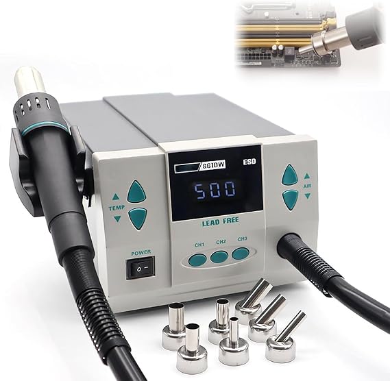1000W 861DW Hot Air Rework Station, 110V Hot Air Soldering Station with Auto Sleep Function, Equipped with Large LCD Display & 7 Air Nozzles, Suitable for Micro Soldering Rework