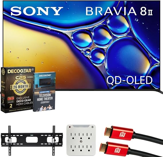 Sony K55XR80M2 BRAVIA 8 II 55" QD-OLED 4K HDR TV (2025) Bundle with CPS Exclusive 26 Month Protection, Wall Mount, 2X HDMI Cables, Surge Adapter & Deco Gear Complete Home Theater Beginner's Guidebook