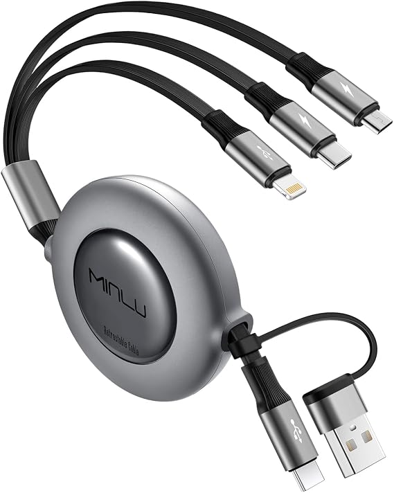 3 in 2 Retractable Charging Cable 3.9 ft 1.2 m USB Converter Adapter USB to A to Lightning Type C Micro USB Cable Charging Cord | マルチ充電 データ転送&3台同時充電 iPhone 17/16/15/14シリーズ,iPad Pro,グーグルpixel/サムスンGalaxy全機種対応-グレー