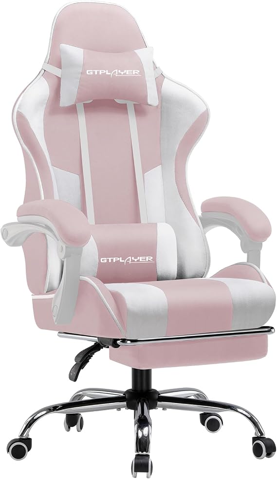 GTPLAYER Fabric Gaming Chair, Massage Ergonomic Computer Chair with Footrest, Lumbar Support, Headrest, Height Adjustable Home Office Reclining PC Racing Chairs, Pink