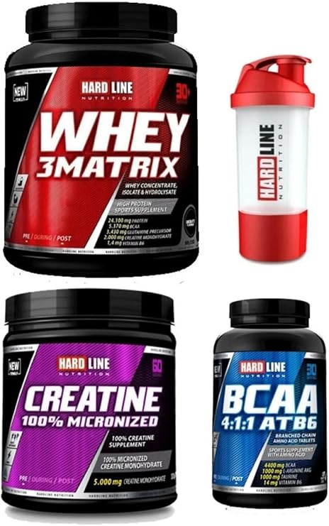 hard line nutrition Hardline Whey 3Matrix 908 Gr Çikolata + Kreatin 300 Gr + BCAA 4:1:1 Atb6 120 Tablet + Shaker