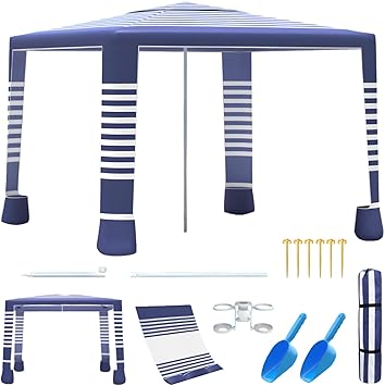 Beach Tent,8'8' Large Beach Canopy for 4-6 People,Easy Setup Beach Sun Shelter with UPF 50+ Protection,Adjustable Height & Wind Resistant Beach Cabana for Family,Party (Navy Blue-Stripes)