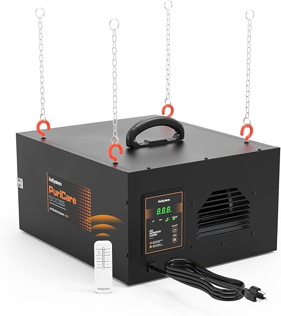 Purisystems 3 Speed Air Filtration System, Built-in Ionizer, PuriCare 500IG Hanging Air Filter with RF Remote Control for Carpentry, Garage Air Purifier