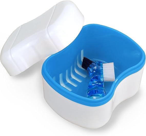Keedolla Denture Boxes with Cleaning Brush, Denture Retainer Case Denture Bath Cleaning Soaking Cup Mouth Guard Holder Case Holder - Blue