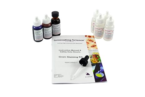 Gram Stain Kit, 7 Dropper Bottles - Crystal Violet, Safranin O 1.0%, Potassium Iodide 1.85%, 95% Denatured Ethyl Alcohol (4x25mL) - Includes Instructions - Innovating Science