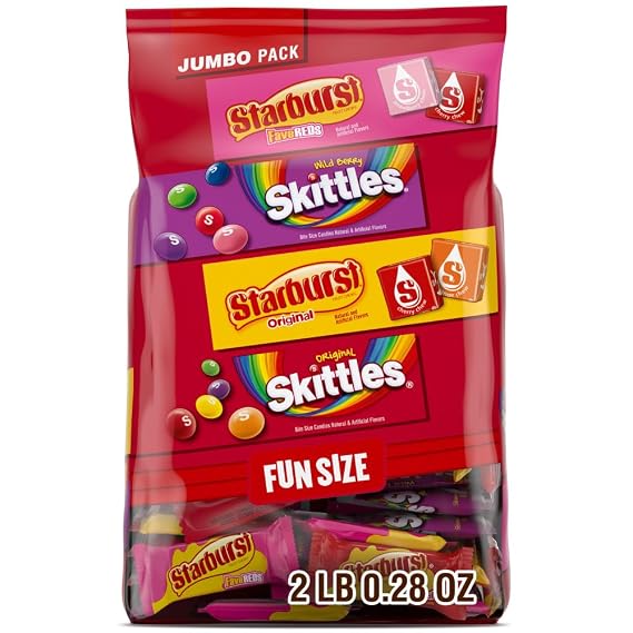 Skittles, Starburst Fun Size Chewy Candy Assorted Variety, Individually Wrapped, 32.28 Ounces, Bulk Bag