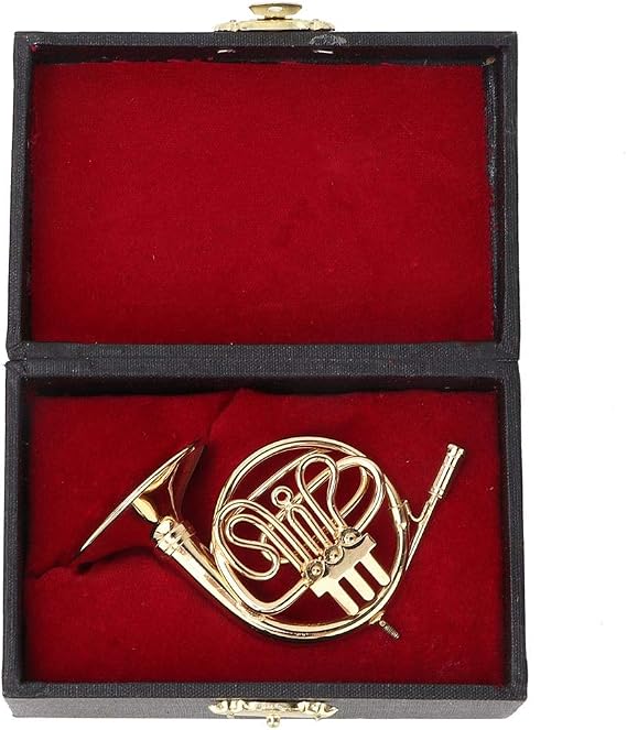 Miniature French Horn Delicated Golden Mini Musical Model Instrument Ornament Decoration for Music Lover with Case and Stand