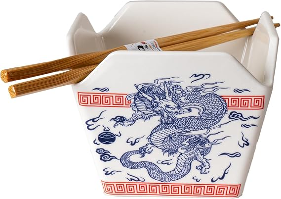 Urban Tokyo Chinese Takeout Box Style Porcelain Bowl With Chopsticks 18 fl oz Square Shape Rice Noodles Pasta To Go Shaped Microwave Dishwasher Safe (Oriental Dragon)