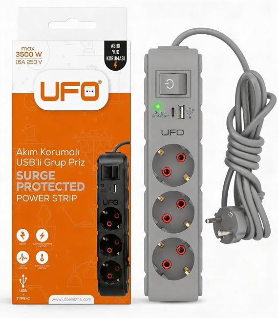 UFO Yeni 3lü Akım Korumalı Grup Priz 5 Metre Bakır Kablolu, 5V 2,4A USB ve Type-C ile Şarj, Anahtarlı Topraklı Priz, Sürekli Koruma, 16A 250V, Max 3500W Aşırı Yük Koruması, 5m. Gri renk