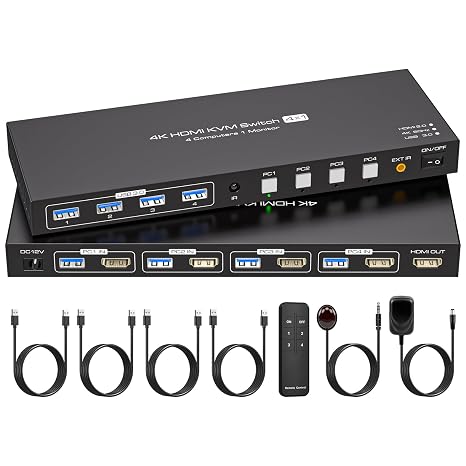 VPFET 4 Port HDMI KVM Switch 4 PC 1 Monitors 4K60Hz KVM Switches HDMI 2.0 Share 4 USB 3.0 Devices Supports Simulation EDID with DC12V Power Adapter and 4 USB 3.0 Cables
