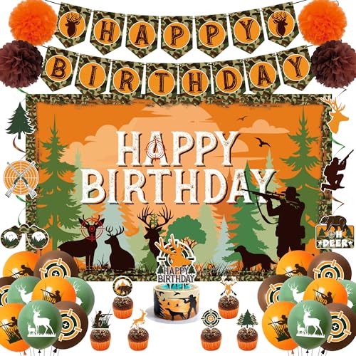 Holkcog Hunting Birthday Decorations, Hunting Deer Party Decorations, Camo Camping Picnic Hunting Birthday Banner Honeycomb Centerpiece, Swirls, ballons, cake topper for Deer birthday Party Supplies