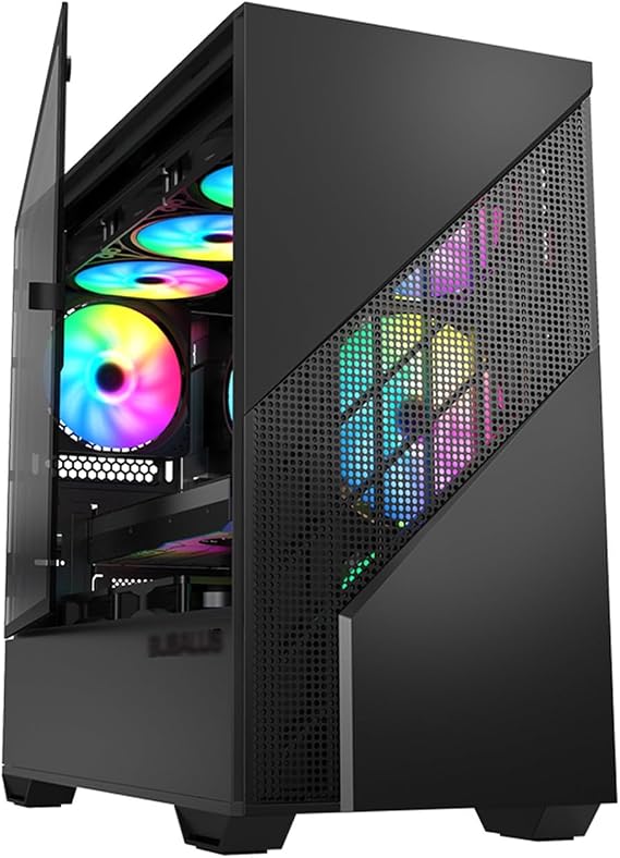 XLTFUC Mid-Tower M-ATX/ITX Computer Case, Split Cabinet Structure, Tempered Glass Side Panel, Grid Front Panel Vertical GPU Bracket(Black)