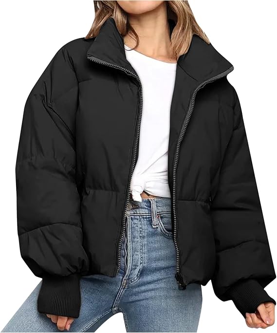 tuduoms Womens Winter Jackets Baggy Puffer Short Jacket Full Zip Cropped Down Coat Teen Girls Light Quilted Parka Outwear