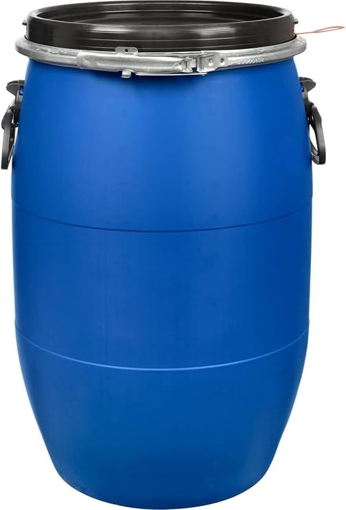 Large Plastic Blue Open Top Storage Barrel Drum Keg with Lid and Latch Ring,Food Grade for Shipping,Air Tight Industrial Storage Container
