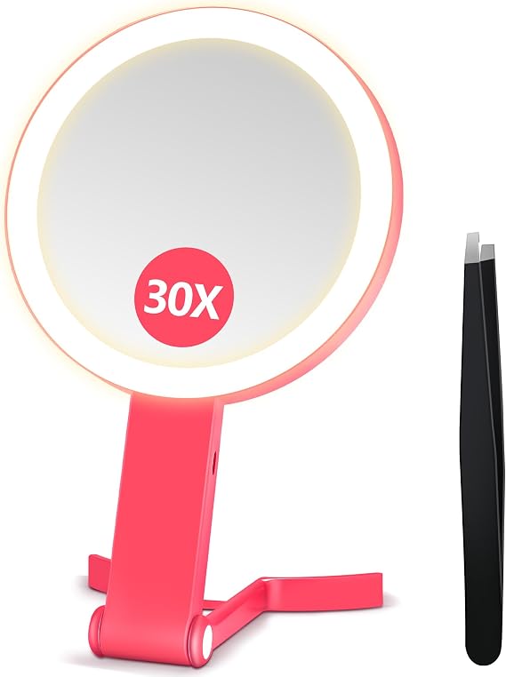 B Beauty Planet Magnifying Mirror with Light, Double Sided 30X/1X Travel Makeup Mirror, 3 Color Lights, Dimmable Touch Screen, Portable Vanity Beauty mirror, Tabletop Handheld Hanging (Rose)