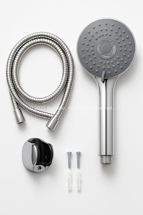 Busstier Spiral Shower Head Set, 3-Function Chrome Shower Head, 150 cm Shower Hose, Articulated Head, Including Screw and Dowel, Water Saving, Wall Mounted Bathroom Set
