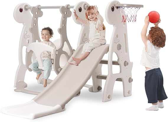 Kids Slide & Swing Set with Basketball Hoop, Height Adjustable Swing, Beige