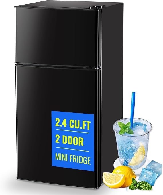 Mini Fridge Dual Door Small Refrigerator with Freezer 2.4 Cu.ft Fridges Apartment Size for Personal Senven Temp Gear for Bedroom Office Dorm Black