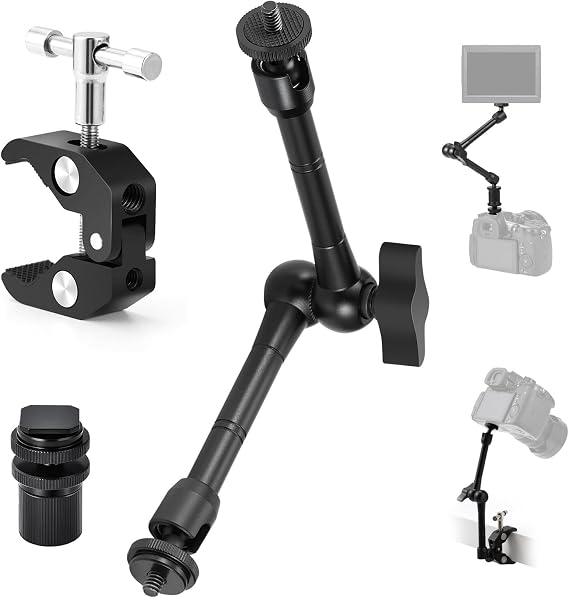 TARION Magic Arm Super Clamp 11in with 1/4" Screws and 3/8" Thread Hole | Upgraded Gear Joint, 4.4lbs Capacity, with Cold Shoe Mount and Action Camera Adapter, for Monitor LED Light Gopro