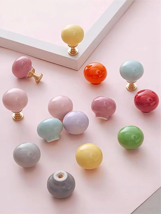 Colorful Round Ball Ceramic Cabinet Knobs Handles for Children's Room Cute Home Decor Wardrobe Pulls Drawer Knobs Dresser Handle (Without Brass Base, Light Pink)
