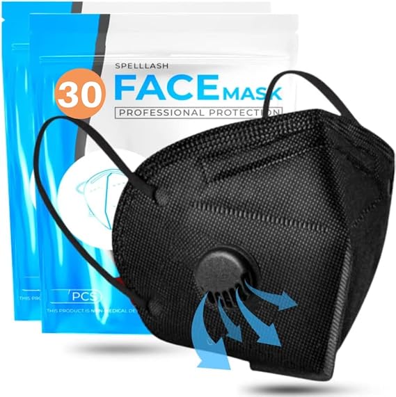 Face mask black disposabe with breathing valve 30 pack | black face masks for men and woman 5 layer non-woven | disposable face mask for protection | sport breathable face mask lightweight