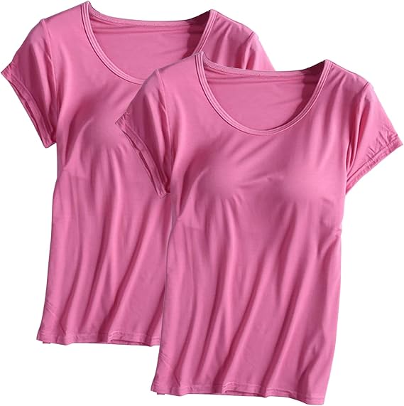 Womens 2 PC T Shirts Summer Short Sleeve Scoop Neck Built in Bra Tees Casual Modal Plus Sized Soft Basic Blouse Tops
