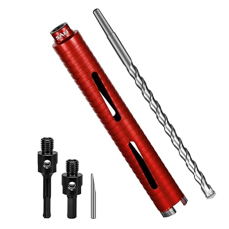 SALI Diamond Core Drill Bits 1 1/2" Diameter 10"/254mm Drilling Depth 5/8-11" Thread Core Bit Turbo Laser-Welded Segments for Cured Concrete with Brick Block Masonry with Two Adapters(Red)