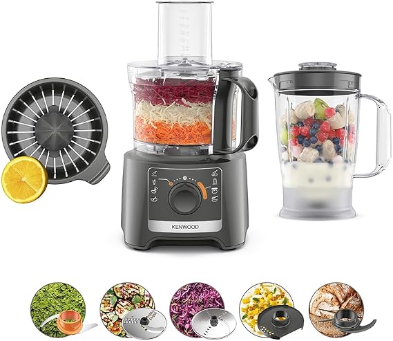 Kenwood MultiPro Compact FDP31.360GY, mutfak robotu, yoğurma ve dilimleme diski, narenciye presi, 1,2 l blender, 2 hız + darbe, kase 2,1 l, 800 W, gri