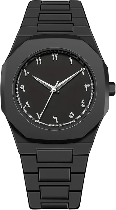 Mens Minimalist Black Arabic Numeral Quartz Watch, 40mm Octagonal Case, Lightweight Resin Bracelet