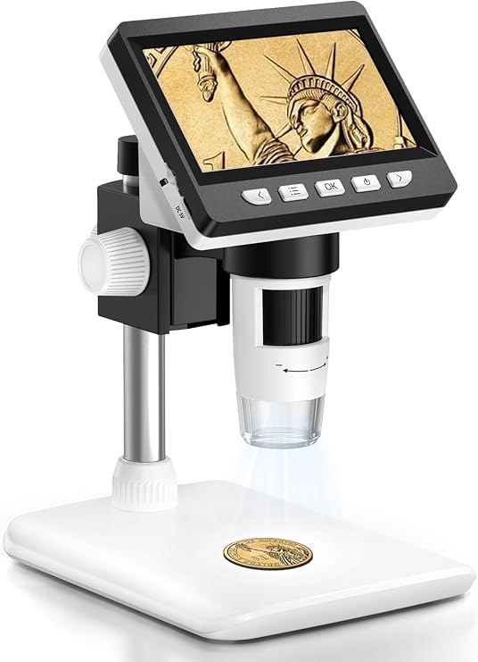 Coin Microscope, Aopick 4.3 Inch USB Microscope with 50X-1000X Magnification, 1080P Digital Microscopes with 8 Adjustable LED Light Microscopes for Adults, PC View, Compatible with MacOS & Windows