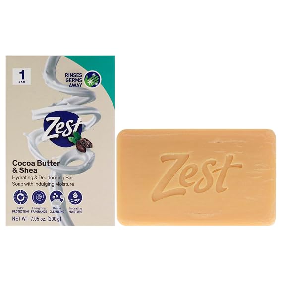 Zest Deodorant Bar Soap - Cocoa Butter and Shea - Moisturizing Body Soap Bar for Men and Women - Gentle Paraben Free Formula - With Vitamin E - 7.5 oz