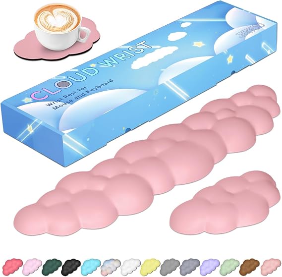 JIKIOU Upgrade Leather Cloud Wrist Rest for Keyboard and Mouse & Cup Pad | Wish Gift-Cute Cloud Shape, Comfortable and dont Irritate to Skin, Non-Slip PU Base,Soft Memory Foam filled for Pain Relief