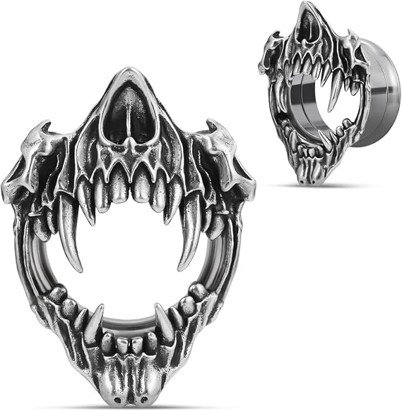 COOEAR Stainless Steel Tunnels, Open Mouth Sharp Teeth design Earring Plugs, Screw Back Piercing Expander Stretchers.
