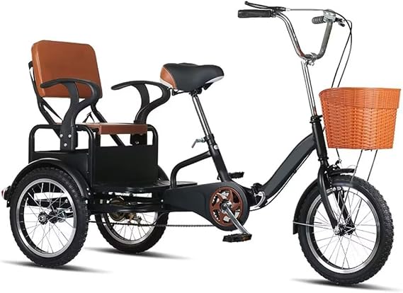 Folding Elderly Tricycle,Adult Rickshaw Pedal Tricycle,Leisure Vehicle,16inch Tandem Trike with Rear seat,Sensitive Dual Brakes,Scooter Bike