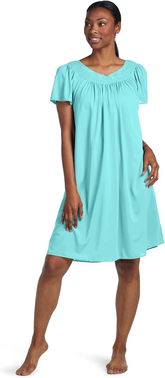 Miss Elaine Women's Short Tricot Nightgown, Flutter Sleeves and Premium Lightweight Fabric, Embroidered Neckline