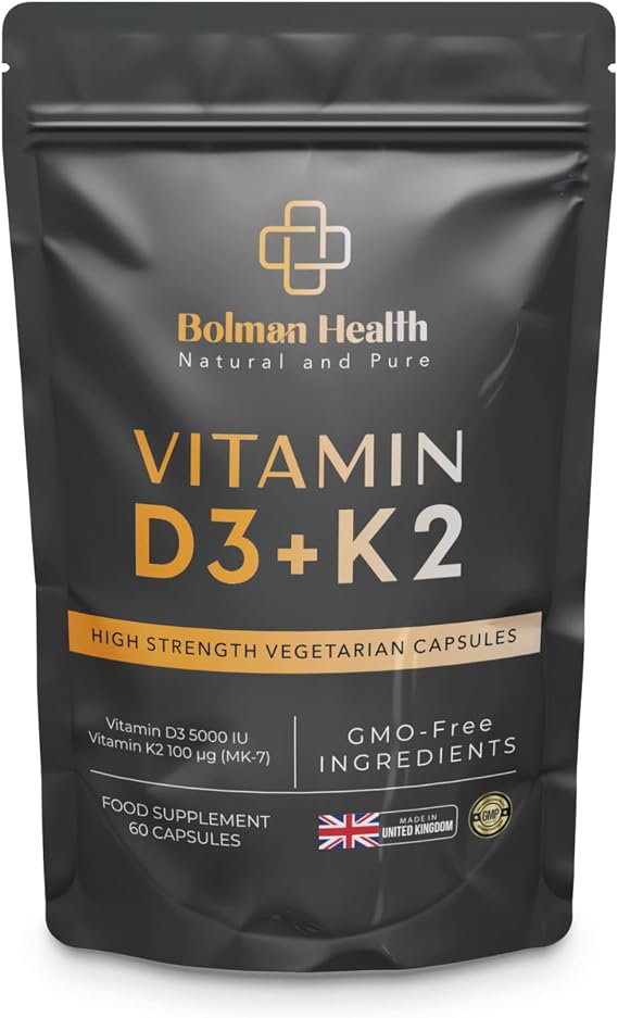Vitamin D3 + K2 Capsules | 5000 IU Vitamin D3 & 100µg Vitamin K2 MK-7 | Supports Bones, Teeth, Muscles & Immune Function | 60 Vegetarian Capsules | Non-GMO | Gluten-Free Vitamin D Supplement