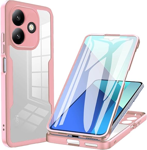ILING Trasparente Case for Xiaomi Redmi 13 4G / Xiaomi Poco M6 4G, 360° Full Body Protection Shockproof Cover with Built-in Screen Protector, Ultra Thin Hard PC Silicone TPU Bumper Case (Pink)