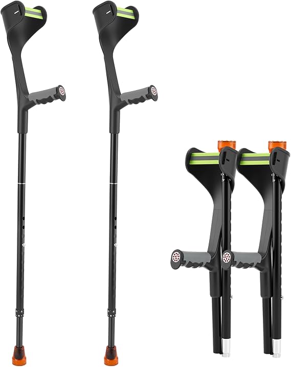 2PCS Folding Crutches for Adults Elbow Crutches for Women Men Black Height Adjustable Crutches with Handle Ergonomic Grip Forearm Crutches with Non-Slip Base Mobility