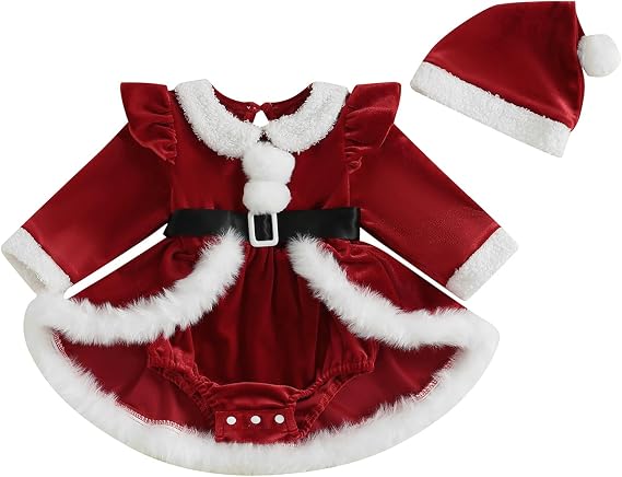 Newborn Infant Baby Girl Christmas Clothes Santa Claus Romper Dress Fur Trim Velvet Jumpsuit Bodysuit Hat Costume