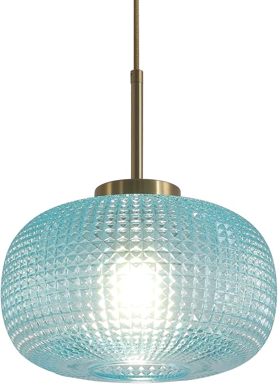 Blue Glass Pendant Lighting Modern Brushed Gold Hanging Light Fixture Single Indoor Kitchen Island Pendant Light Over Sink Adjustable Antique Brass Dining Room Hanging Ceiling Lamp