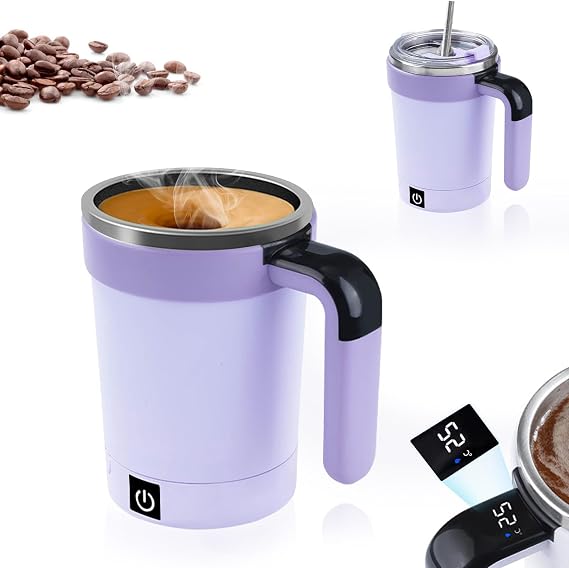 Self Stirring Mug, 380ml Automatic Mixing Cup with LCD Temperature Display, Electric Stirring Mug for Coffee, Protein Shakes, Matcha, Food-Grade Stainless Steel, Purple