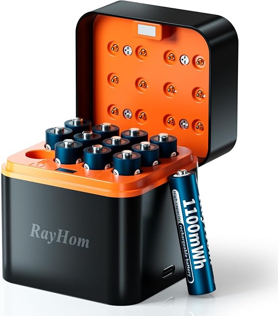 12-Pack 1100mWh Rechargeable Lithium AAA Batteries with 12 Slot Charger