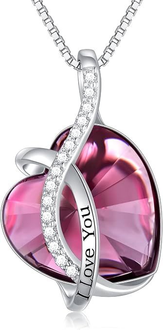 AOBOCO I Love You Sterling Silver 12 Birthstone Heart Pendant Necklace Embellished with Crystals from Austria, Mother's Day Anniversary Birthday Jewelry Christmas Gifts for Women Grandma Nana