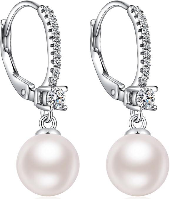 Jiamiaoi Large Pearl Earrings 925 Sterling Silver Pearl Earrings with Cubic Zirconia in White/Gray Colors, Come with Gift Box
