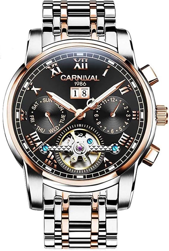 CARNIVAL 8759G Men's Watch Analog/Mechanical/Automatic Fashion Watch Black/Rose Gold/Metal Calendar Date Chronograph Display Week/Month Tourbillon Style Decoration Inner Window Skeleton Parallel Import Product